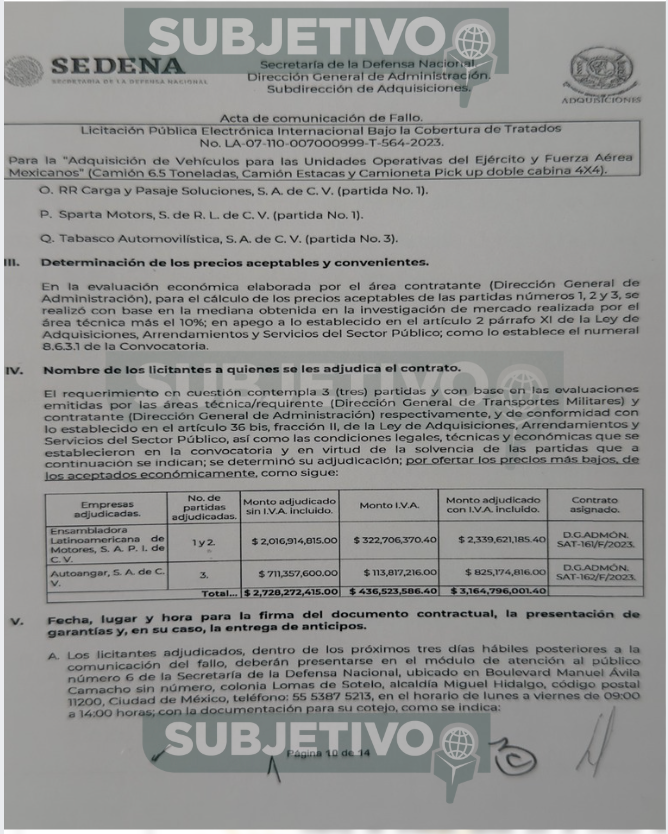 Licitación LA-07-110-007000999-T-564-2023 asignada a FAW México por más de 2 mil millones de pesos a la que Subjetivo tuvo acceso.