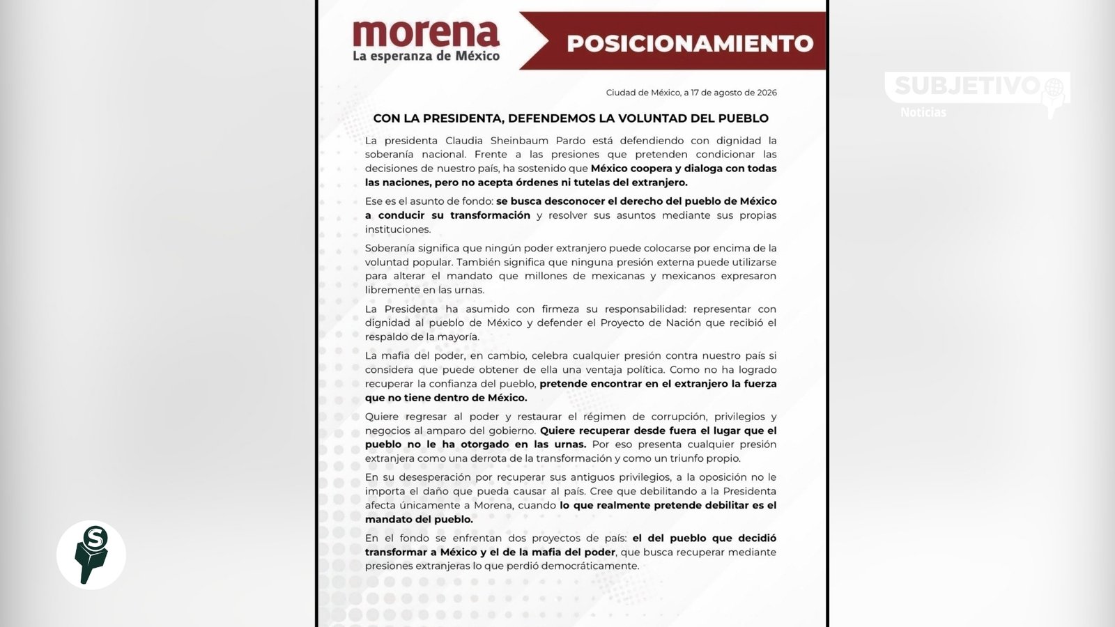 Morena respalda a Sheinbaum ante presiones externas y llama a defender la soberanía